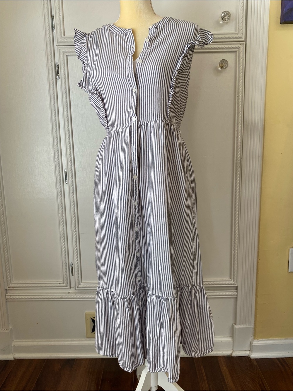 Old Navy Blue and White Striped Midi Dress with Ruffle Sleeves